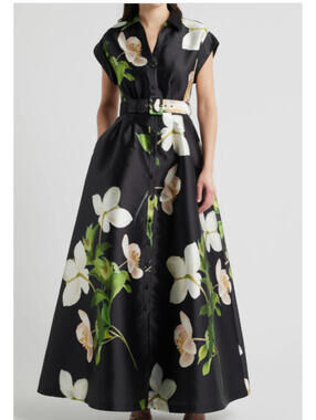 NEW, Julia Jordan Belted Floral Mikado Shirtdress in Black multi Sz 12 #LD275